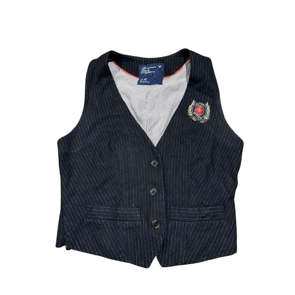 American Eagle Boys Black Pinstripe Vest Crest Logo Medium 1608-2504-455